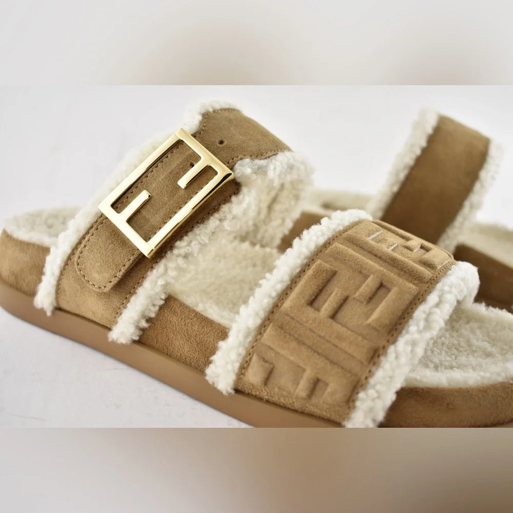 Fendi Feel Slide Shearling Fur Lined Bronze Monogram Logo Mule Flat Sandal 36.5 - Picture 5 of 16